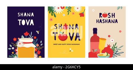 jewish new year, rosh hashanah, greeting card set with traditional icons. Happy New Year. Apple, honey, pomegranate, flowers and leaves, Jewish New Stock Vector