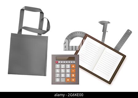 Realistic gray eco bag, calculator, ruler, notepad vector illustration. Stock Vector