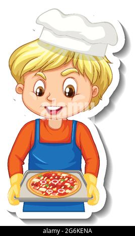 Sticker design with chef boy holding pizza tray illustration Stock Vector