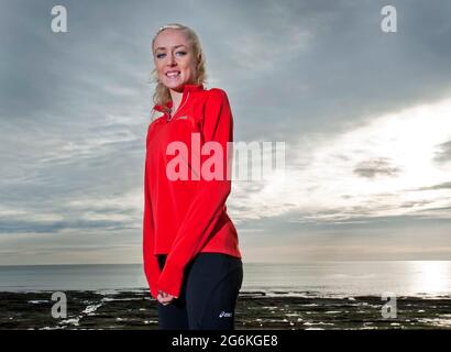 Eilish McColgan fashion shoot and training on Carnoustie beach photographed by Alan Peebles Stock Photo