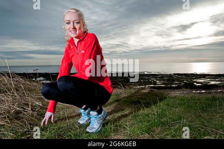 Eilish McColgan fashion shoot and training on Carnoustie beach photographed by Alan Peebles Stock Photo