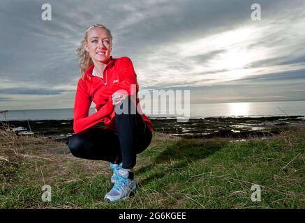 Eilish McColgan fashion shoot and training on Carnoustie beach photographed by Alan Peebles Stock Photo