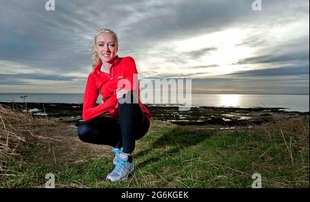 Eilish McColgan fashion shoot and training on Carnoustie beach photographed by Alan Peebles Stock Photo