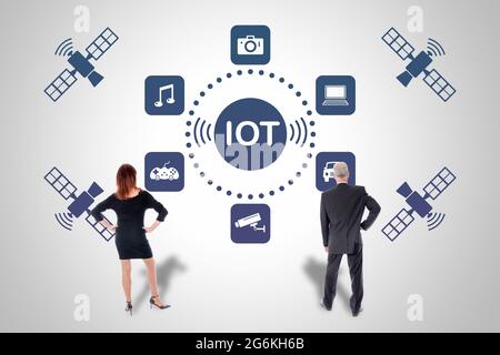 Iot concept drawn on a wall watched by business people Stock Photo