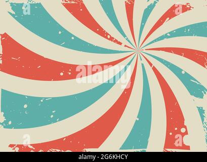 Sunlight retro spiral grunge background. Blue, red and beige color burst wallpaper. Vector illustration. Sun beam swirl ray backdrop. Old speckled pap Stock Vector