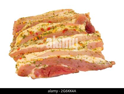 Raw chilli marinated pork belly slices isolated on a white background Stock Photo