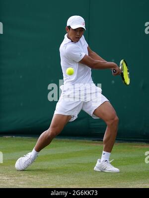 Derrick Chen in action on day eight of Wimbledon at The All England ...
