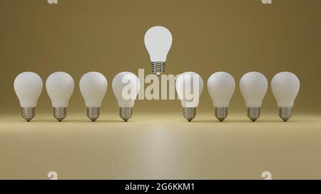 Think different concept a floating glowing idea light bulb standing out from dim unlit bulbs on yellow pastel color wall background leadership and ind Stock Photo