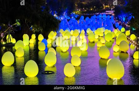 Singapore - Feb 25, 2020. Colorful blue and yellow eggs float on water in Dragonfly lake. Temporary event Future Together by Japanese art teamLab. Stock Photo