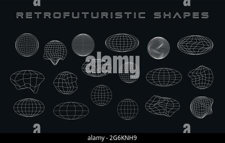 Retrofuturistic collection of cyber shapes. Set of cyberpunk planet shapes. Trendy design elements. Wireframe ellipse shapes. Design elements for Stock Vector