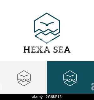 Hexagon Sea Seagull Bird Flying Monoline Vintage Logo Stock Vector