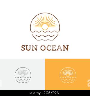 Sun Sunburst Sea Wave Monoline Vintage Travel Logo Stock Vector