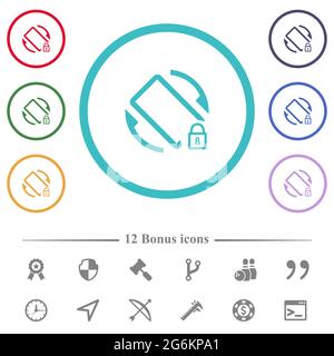 Mobile screen rotation locked flat color icons in circle shape outlines. 12 bonus icons included. Stock Vector