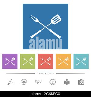 Barbecue fork and spatula in crossed position flat white icons in square backgrounds. 6 bonus icons included. Stock Vector