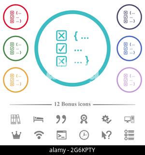 Source code checking flat color icons in circle shape outlines. 12 bonus icons included. Stock Vector