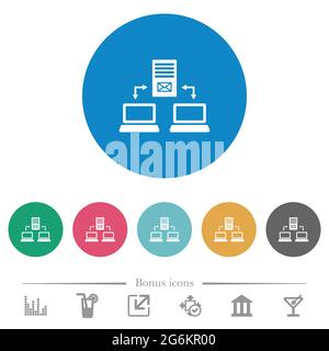 Multiple connections to mail server flat white icons on round color backgrounds. 6 bonus icons included. Stock Vector