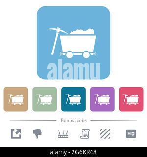 Loaded mine cart and pickaxe white flat icons on color rounded square backgrounds. 6 bonus icons included Stock Vector