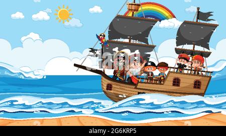 Ocean scene at daytime with Pirate kids standing on Treasure Island ...