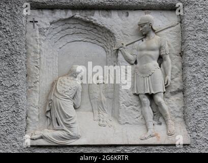 Stations Of The Cross - Jesus is placed in the sepulchre - St. Michael's Catholic Church, Rosemary Lane, Conwy, Wales Stock Photo