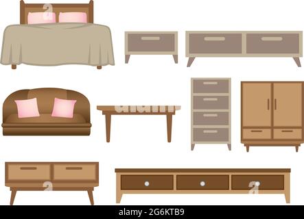 Vector illustration of retro wooden furniture set isolated on white background. Stock Vector