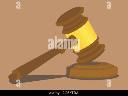 Wooden hammer hitting on a small wooden sound block. Vector illustration isolated on plain background. Stock Vector