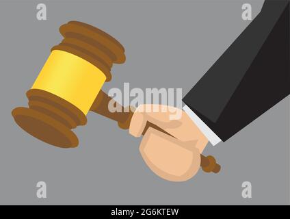 Cartoon vector illustration of a hand in black long sleeve holding a small wooden hammer isolated on grey background. Stock Vector