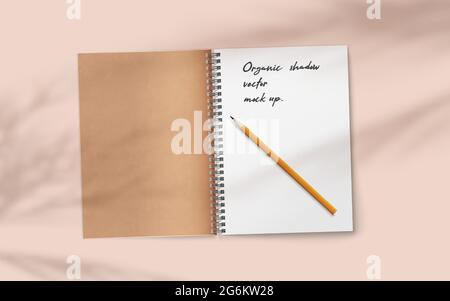 Open realistic notebook with pencil on abstract soft delicate beige background falling shadow overlay from plant. Stock Vector