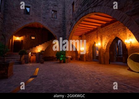 Inner courtyard of the Parador Nacional (luxury hotel) at night, within the Castle of Cardona (Bages, Barcelona, Catalonia, Spain)