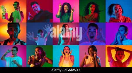Collage of young happy, joyful people isoalted on multicolored background in neon light. Composite image Stock Photo