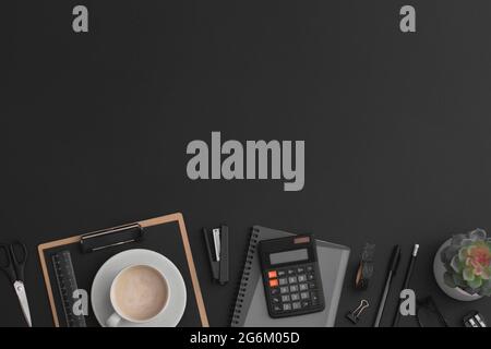 Black leather office table with calculator, notebook, coffee cup  and green plant. Top view with copy space. Flat lay composition. Stock Photo