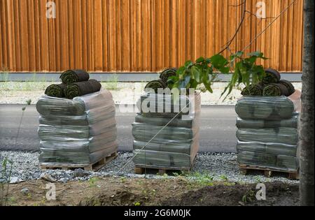 view of fresh stacks of rolls of green grass lawn for landscaping Stock Photo