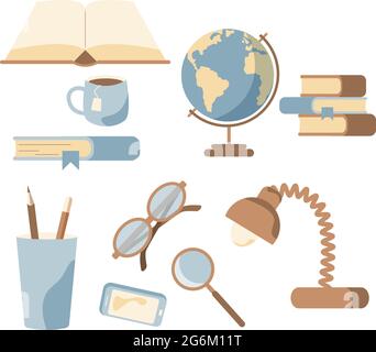 Set of office tools for education, writing utensils drawing in flat style Stock Vector