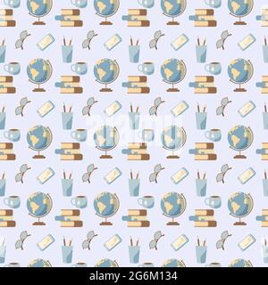 Seamless pattern with office tools for education, writing utensils, stationery, globe, book, glasses, phone drawing in flat style on a blue background Stock Vector