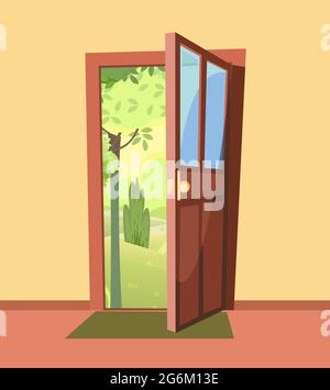 Opened door. From inside of room at home. Summer trees landscape view. Yellow wall. Way is open. Cartoon cute fairy tale design. Image background Stock Vector