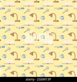 Seamless pattern with office tools for education, writing utensils, stationery, table lamp, book, magnifier, cup of tea drawing in flat style on a yel Stock Vector