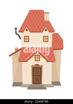 Cartoon house with a chimney. Cozy simple rural dwelling in a traditional European style. Two-storied. Sweet home. Isolated on white background Stock Vector
