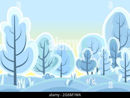 Flat winter forest. Beautiful frosty landscape with snow covered trees. Sunrise. Illustration in simple symbolic style. Funny scene. Comic cartoon Stock Vector