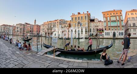 View across the Grand Canal near the Rialto Bridge with Gondolas, Venice, Italy