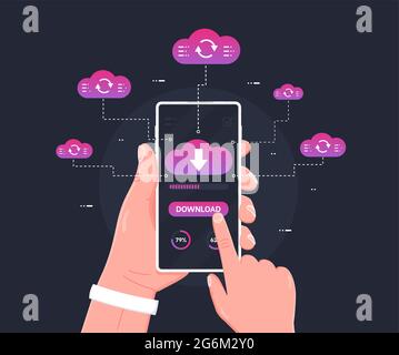 Human hand holds smartphone with cloud, arrows and progress bar on the screen. Download information, files concept for websites, web banners, infograp Stock Vector