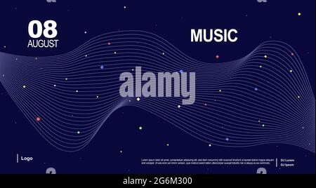 Baner for music page. Music landing page. Music wave poster design. Sound flyer with abstract gradient line waves. Techno dj party. Electro dance musi Stock Vector