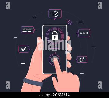 Fingerprint scanning to mobile phone. Human hand holding gadget with biometric scanning technology. Concept of under screen fingerprint scan to unlock Stock Vector