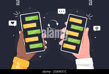 Online communication. Male hand holding smartphone with message chart on screen vector flat illustration. Human arm with mobile phone messenger applic Stock Vector