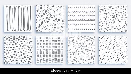 Black and white patterns are done with brushes. Striped round and dotted ornaments. Vector wallpaper or fabric paint from brush strokes. Flat style ve Stock Vector