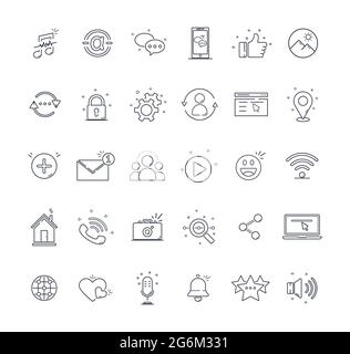 Social media set icons. Black and white with lines. Isolated on white background. Can be used for mobile concepts and web applications, brochures, soc Stock Vector