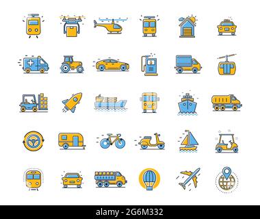 Transport icons. Set vector line icons in flat design of transport, mechanics, electronics with elements for mobile concepts and web apps. The pixel i Stock Vector