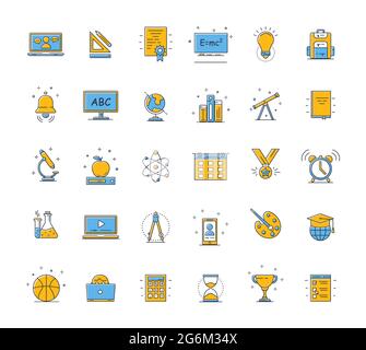 Education icons set. Design elements, colored. Isolated on white background. Can be used for mobile concepts and web applications, brochures, social n Stock Vector