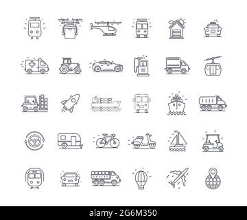 Transport set icons. Black and white with lines. Isolated on white background. Can be used for mobile concepts and web applications, brochures, social Stock Vector