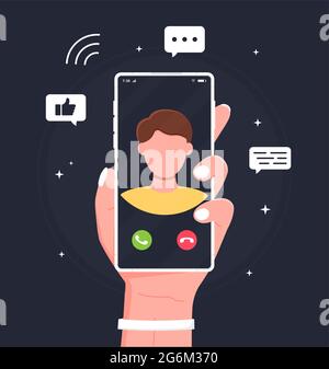 Man hold smartphone using video calling with friend. Call the service. Isolated concept close up hands with modern device, app technology for communic Stock Vector