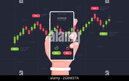 Mobile stock market trading. Man's hand holds a smartphone with trade charts. Concept for mobile online trading, stock trading, stock market analysis, Stock Vector