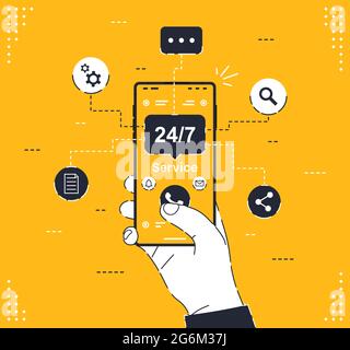 Customer service. 24-7 service concept or call center in flat illustration. A man with a phone in his hands calls the round-the-clock customer service Stock Vector